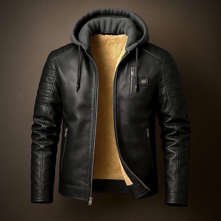 Grayson hooded leather jacket in black, front view on dark background