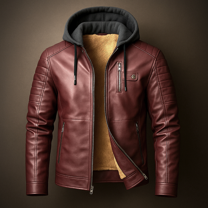 Grayson hooded leather jacket in burgundy, front view on dark background