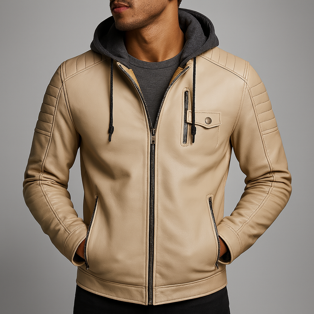 Model wearing Grayson hooded leather jacket in cream, close-up front view