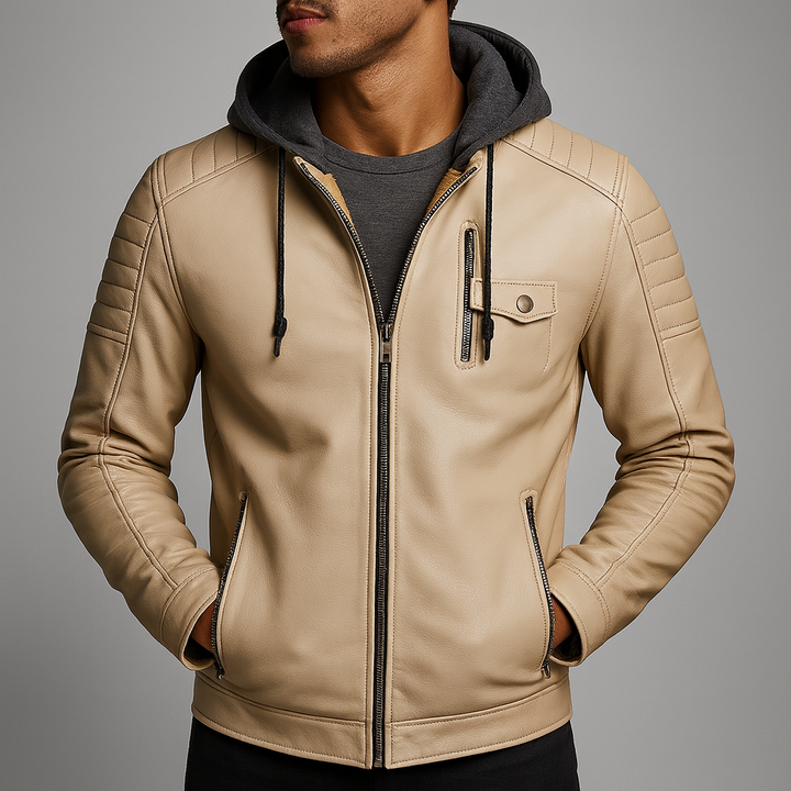 Model wearing Grayson hooded leather jacket in cream, close-up front view
