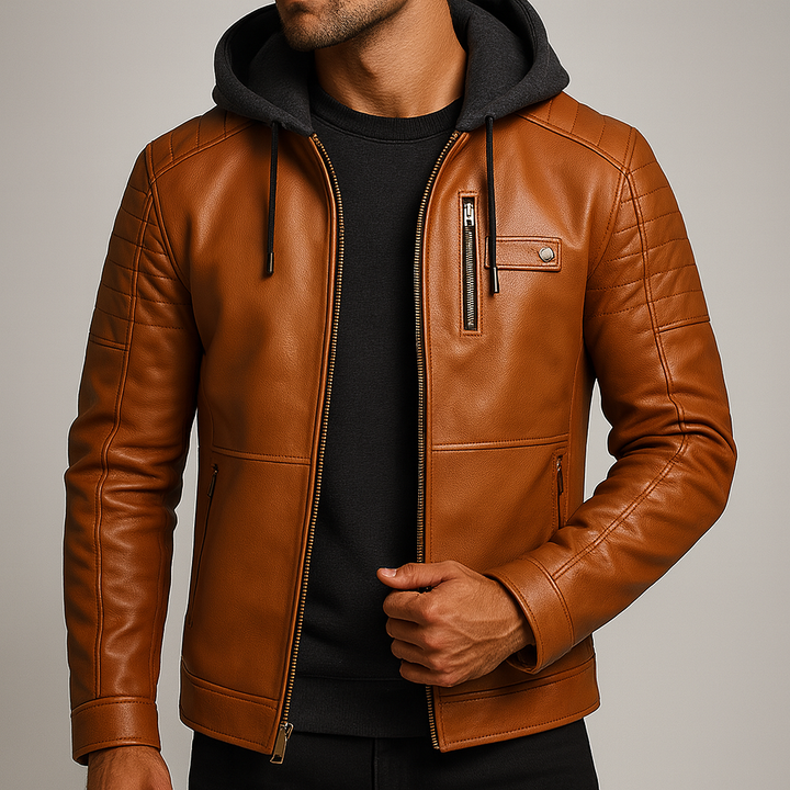 Model wearing Grayson hooded leather jacket in tan, close-up front view