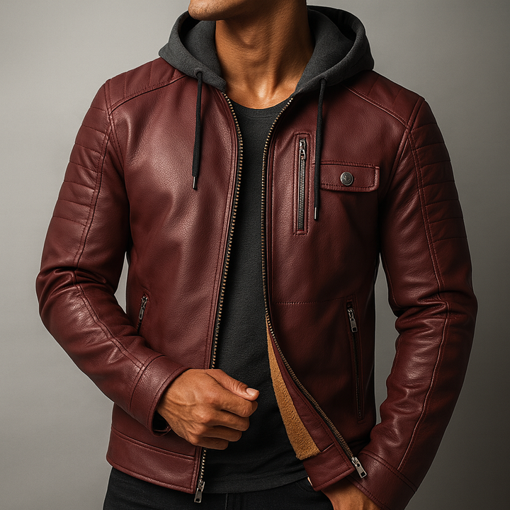 Model wearing Grayson hooded leather jacket in burgundy, close-up front view