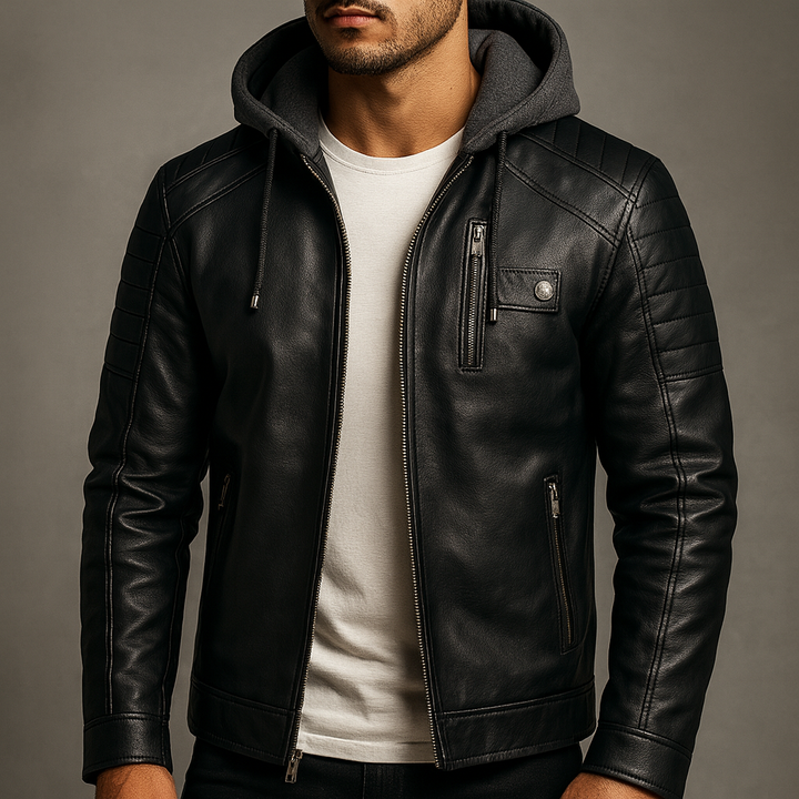 Model wearing Grayson hooded leather jacket in black, close-up front view