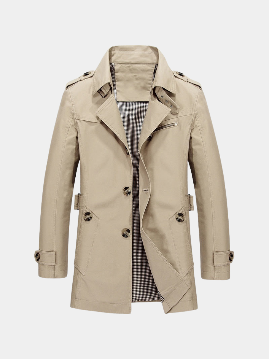 Grayson trench coat in beige, front view with notched lapel collar