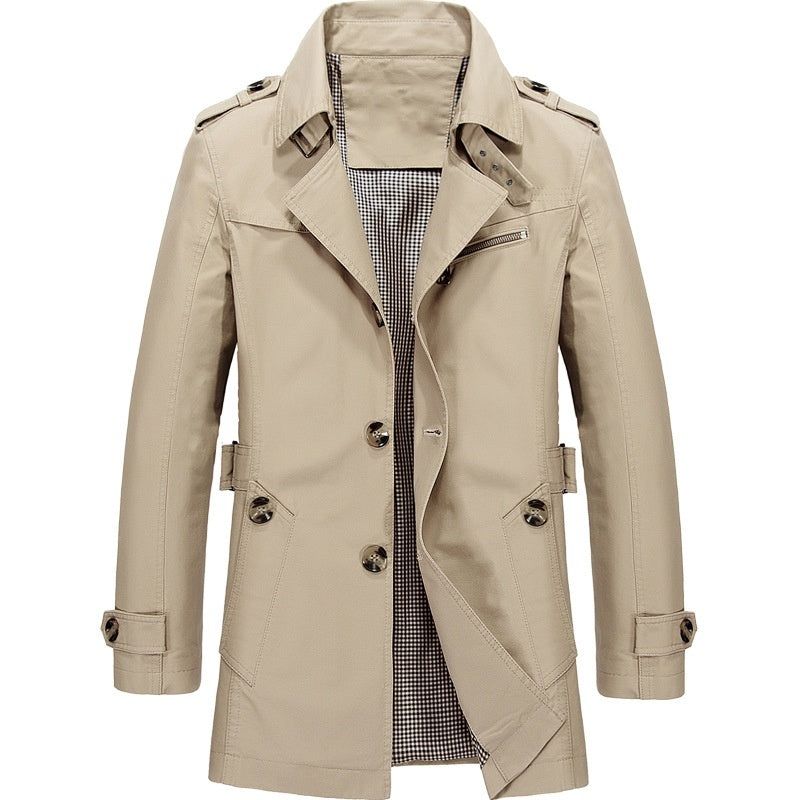 Grayson trench coat in beige, front view showing button closure and pockets