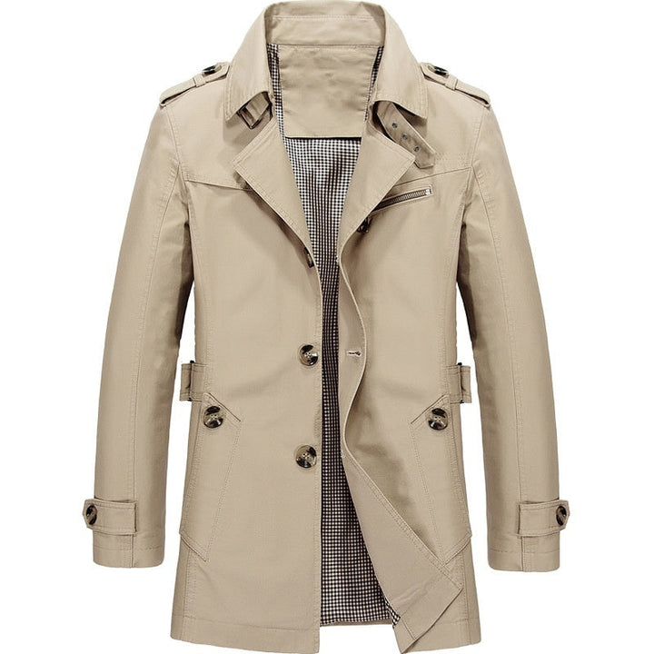 Grayson trench coat in beige, front view showing button closure and pockets