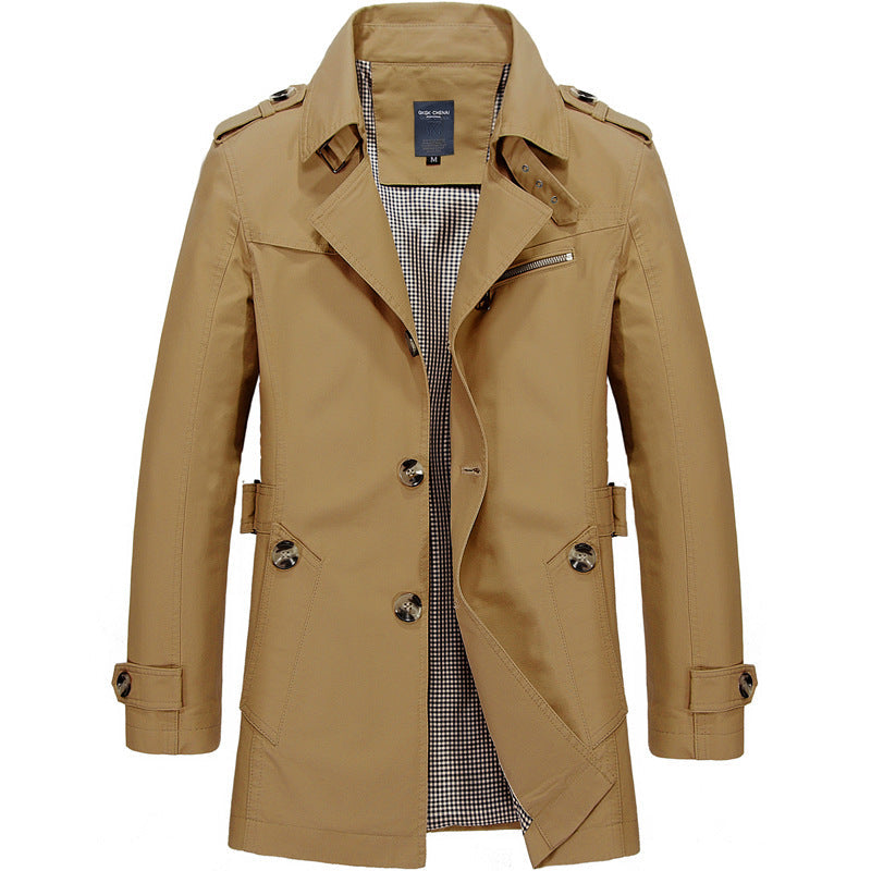 Grayson trench coat in khaki, front view with fold-over collar