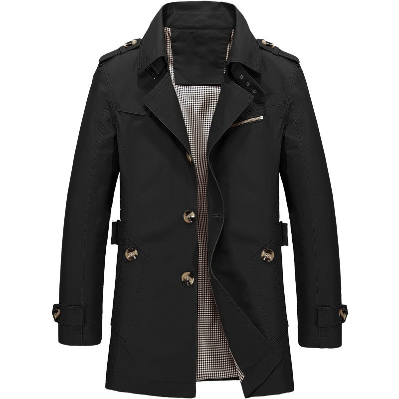 Grayson trench coat in black, front view