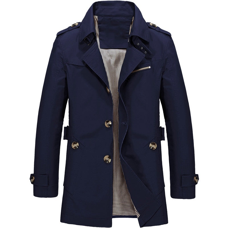 Grayson trench coat in navy blue, front view