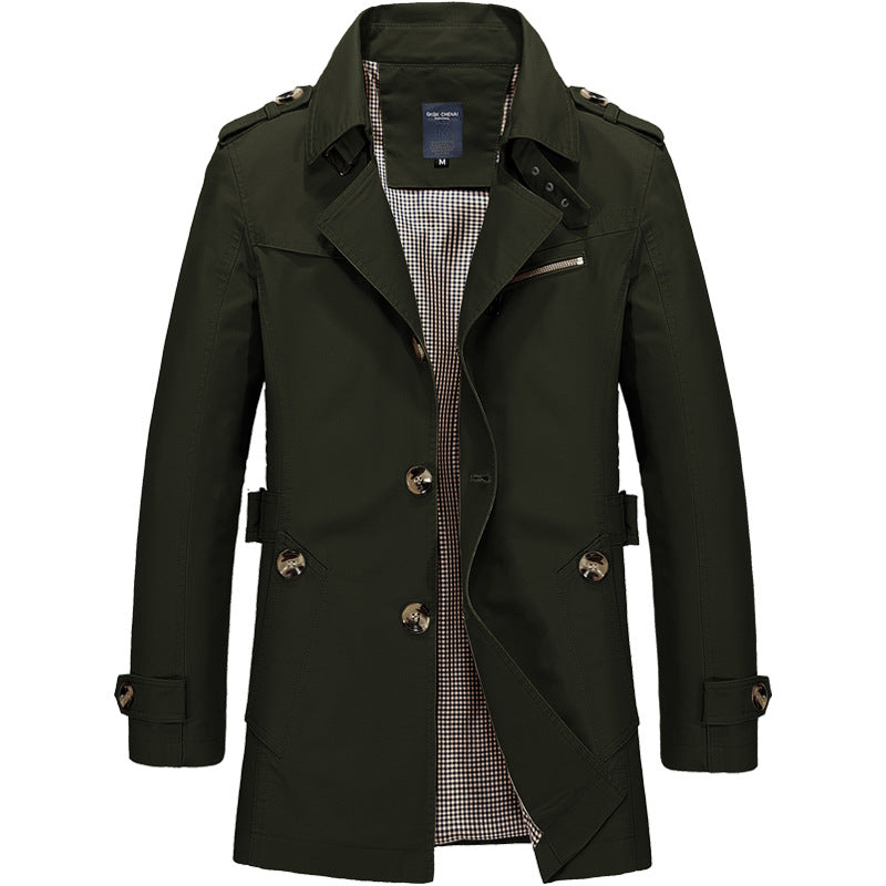 Grayson trench coat in olive green, front view