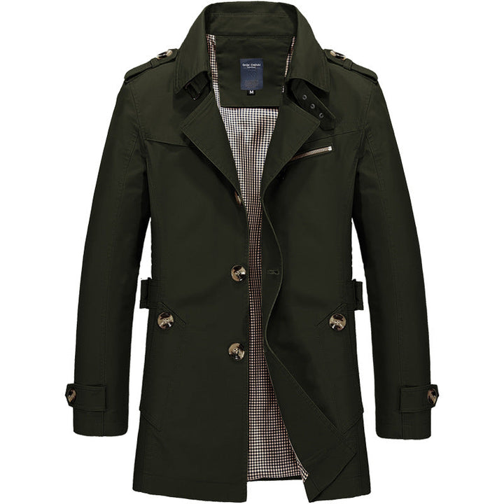 Grayson trench coat in olive green, front view