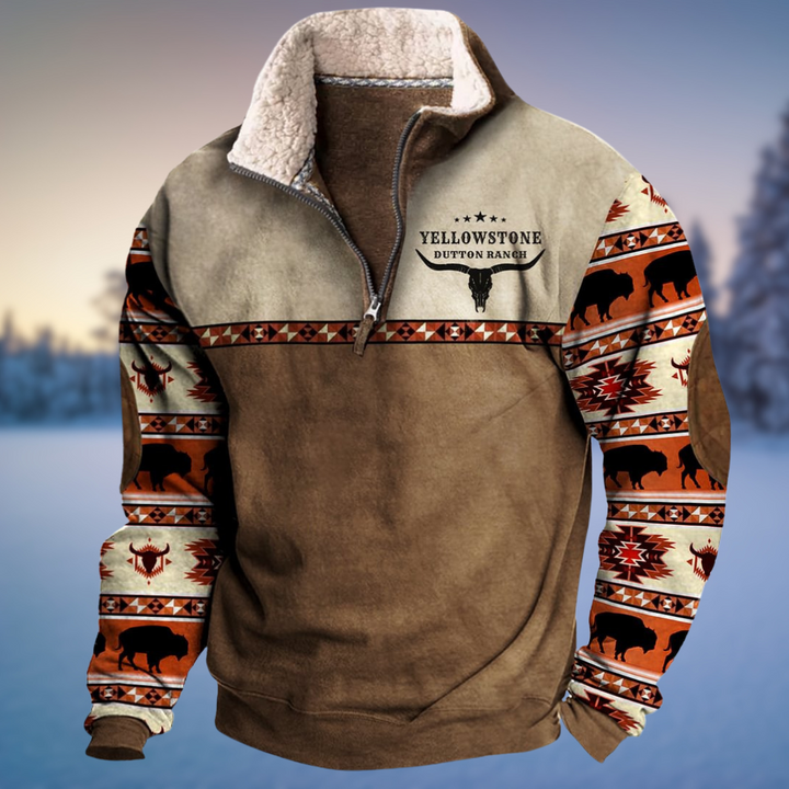Holden Aztec sherpa collar quarter-zip pullover in brown with bison print sleeves, front view