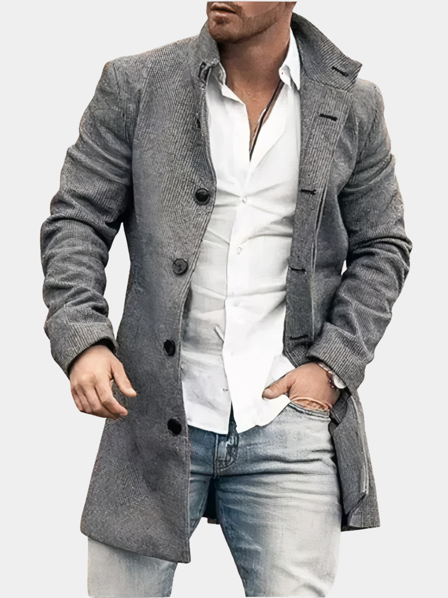 Holden trench coat in gray textured fabric, studio front view with stand collar and button closure