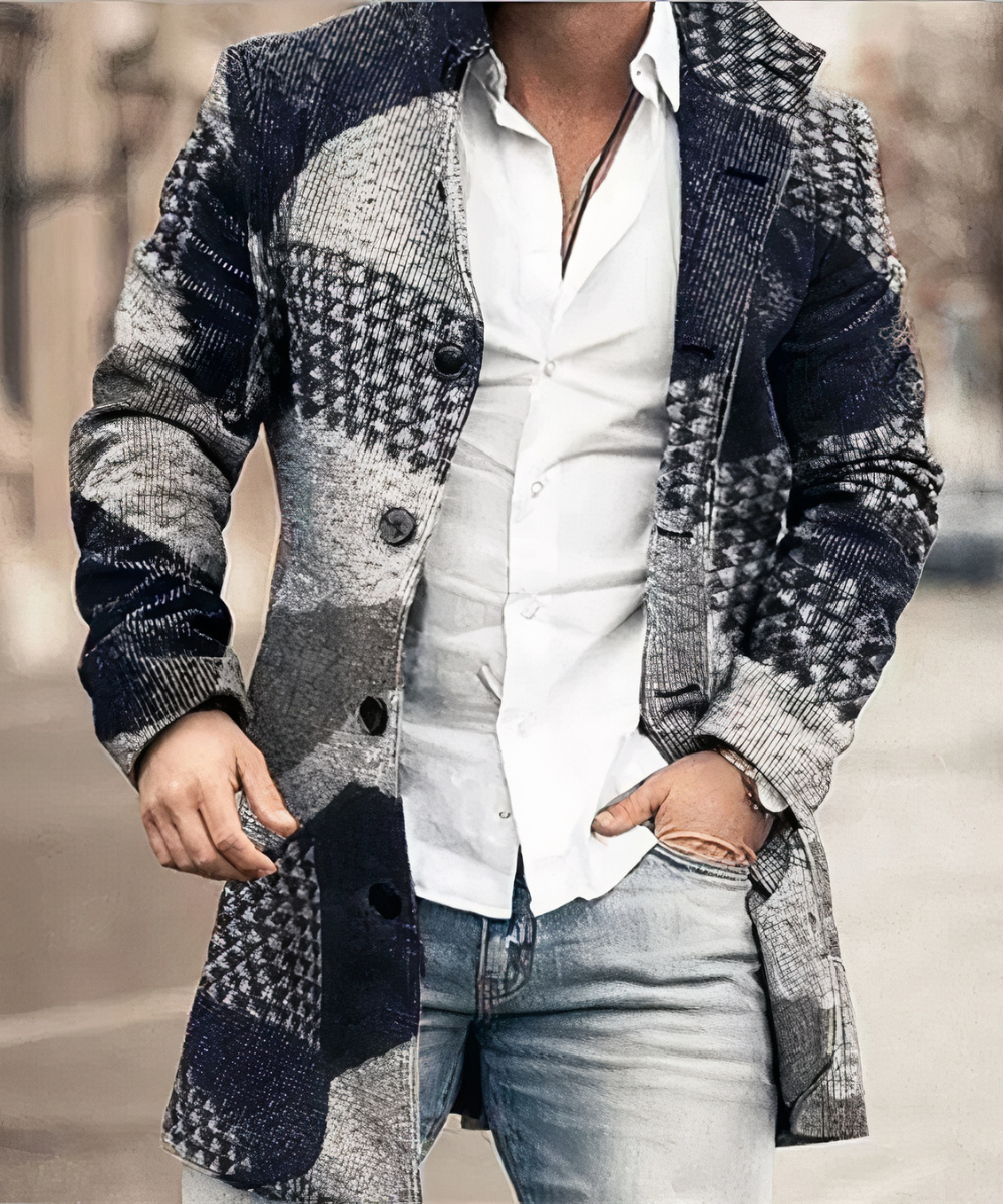 Holden trench coat in navy and gray patchwork print, street style front view