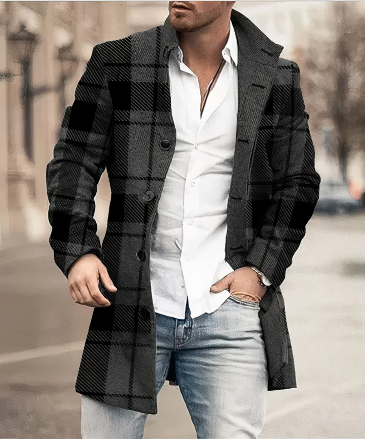 Holden trench coat in dark plaid pattern, street style front view