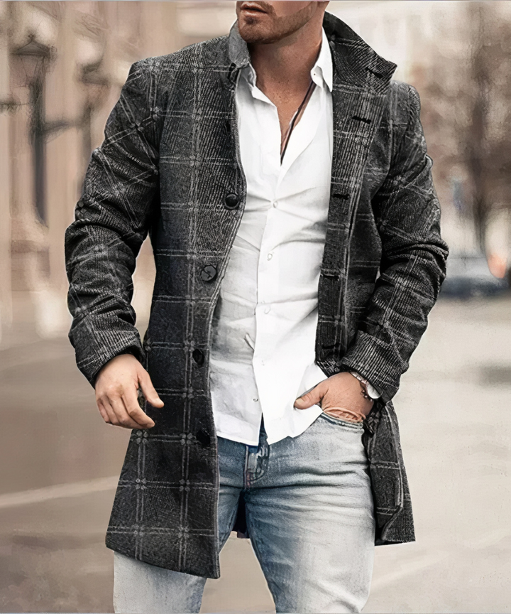 Holden trench coat in black and white plaid pattern, street style front view