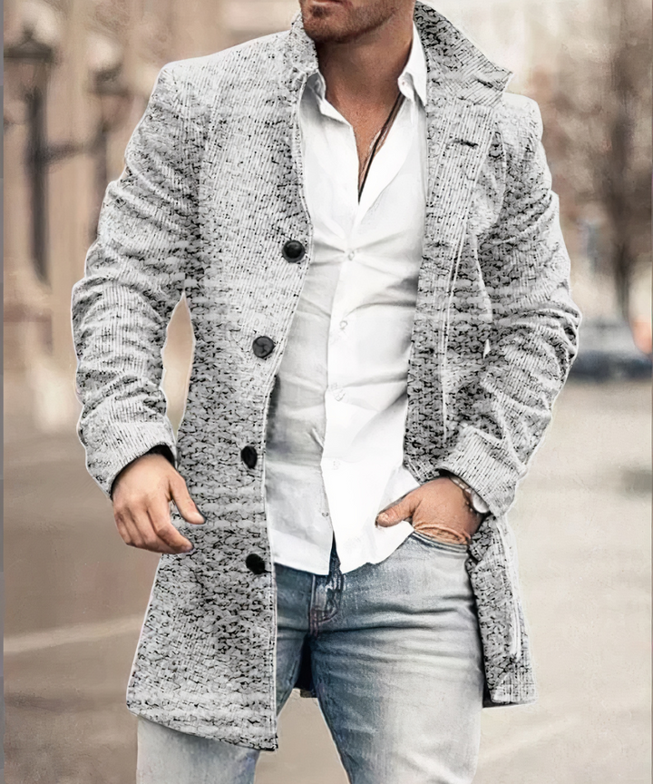 Holden trench coat in light gray speckled texture, street style front view