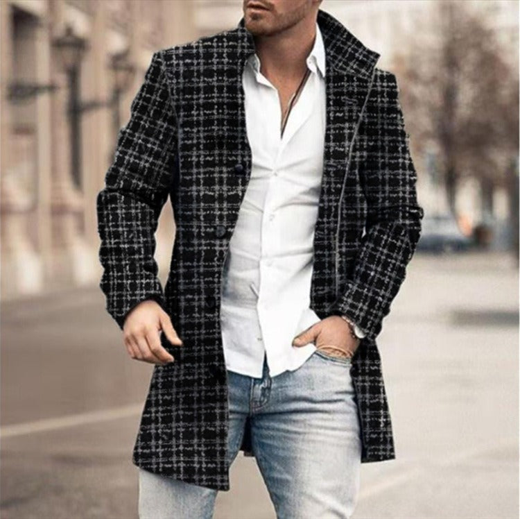 Holden trench coat in black and white contrast plaid, close-up street style view