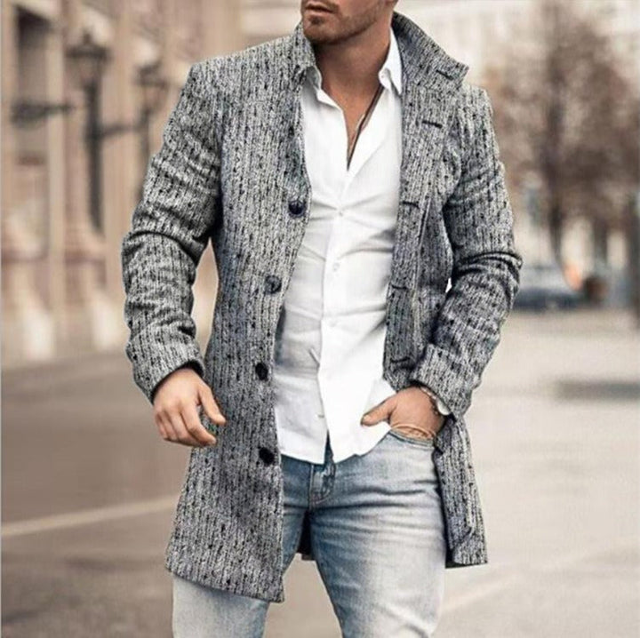 Holden trench coat in black and white tweed plaid, street style front view