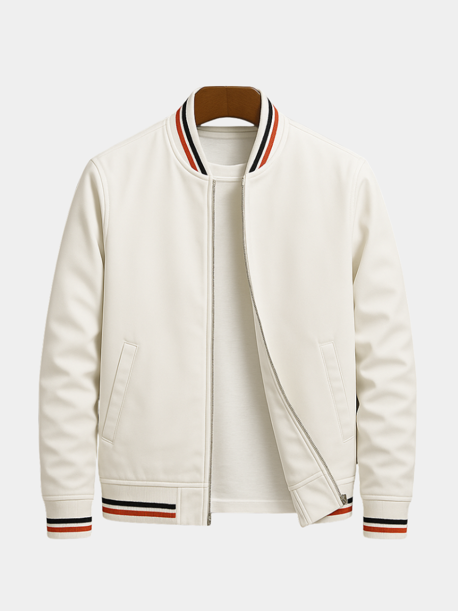Holden striped collar bomber jacket, front view on hanger