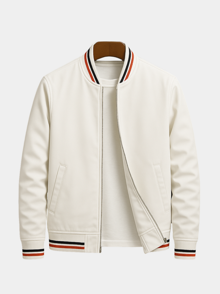 Holden striped collar bomber jacket, front view on hanger