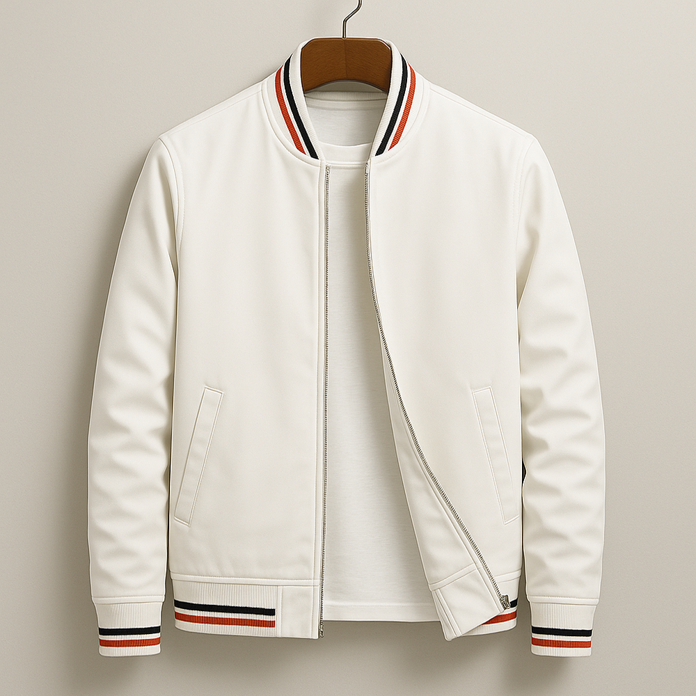 Holden full-zip bomber jacket in white, front view