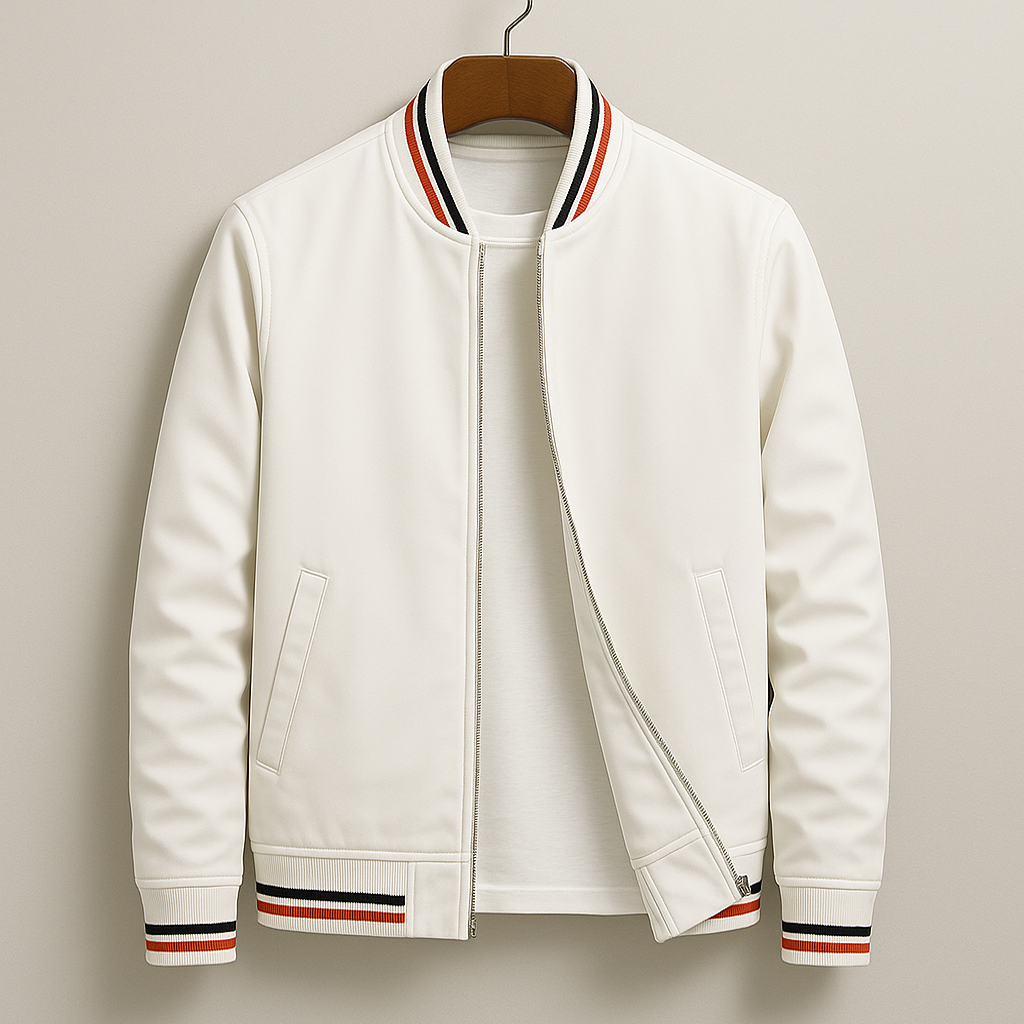 Holden full-zip bomber jacket in white, front view