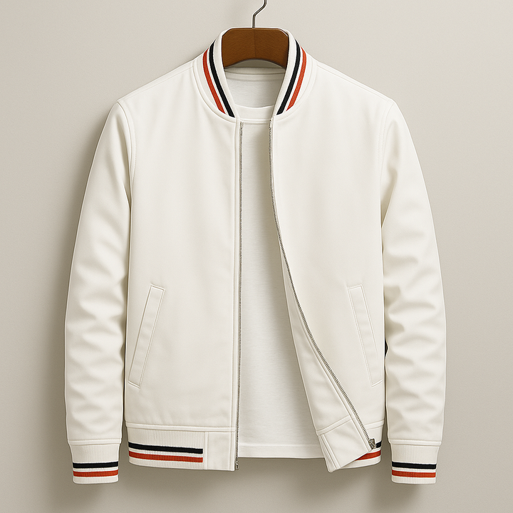 Holden full-zip bomber jacket in white, front view