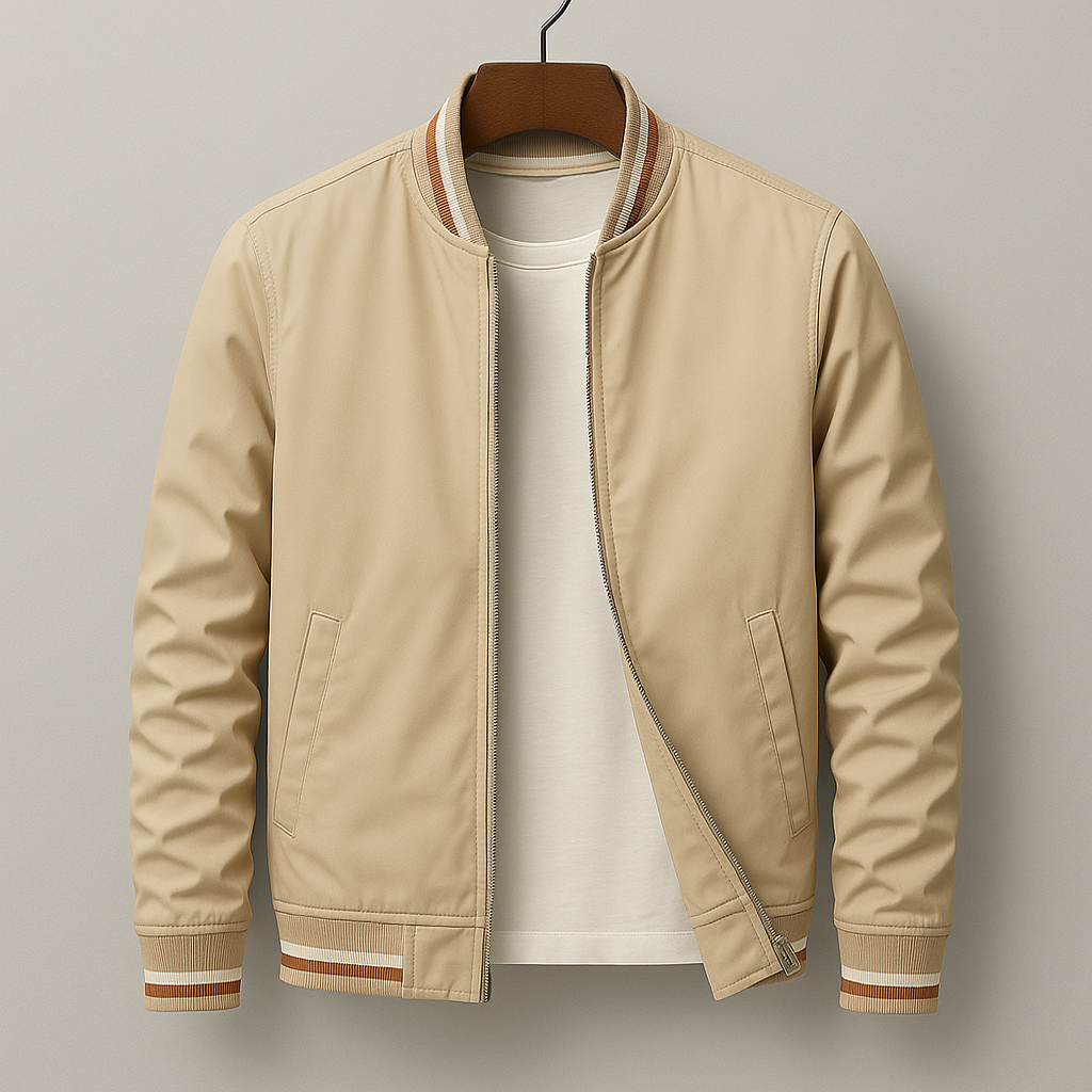Holden bomber jacket in tan, front view with striped trim