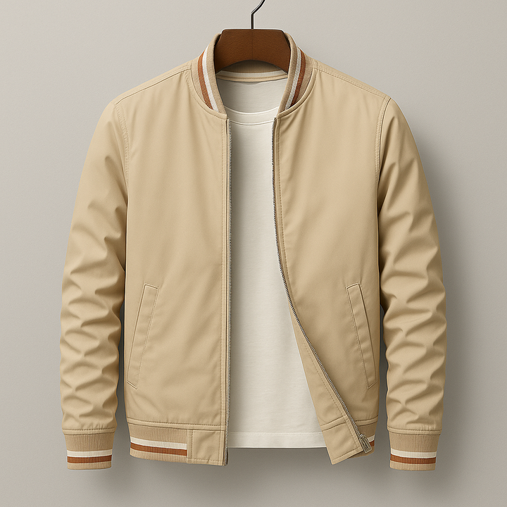 Holden bomber jacket in tan, front view with striped trim