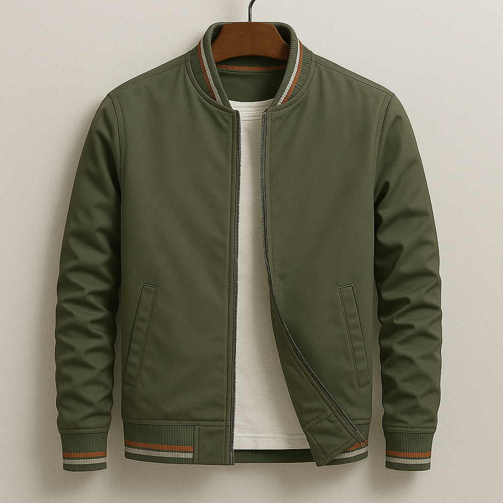 Holden bomber jacket in olive green, close-up front view