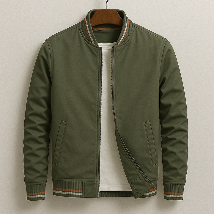 Holden bomber jacket in olive green, close-up front view