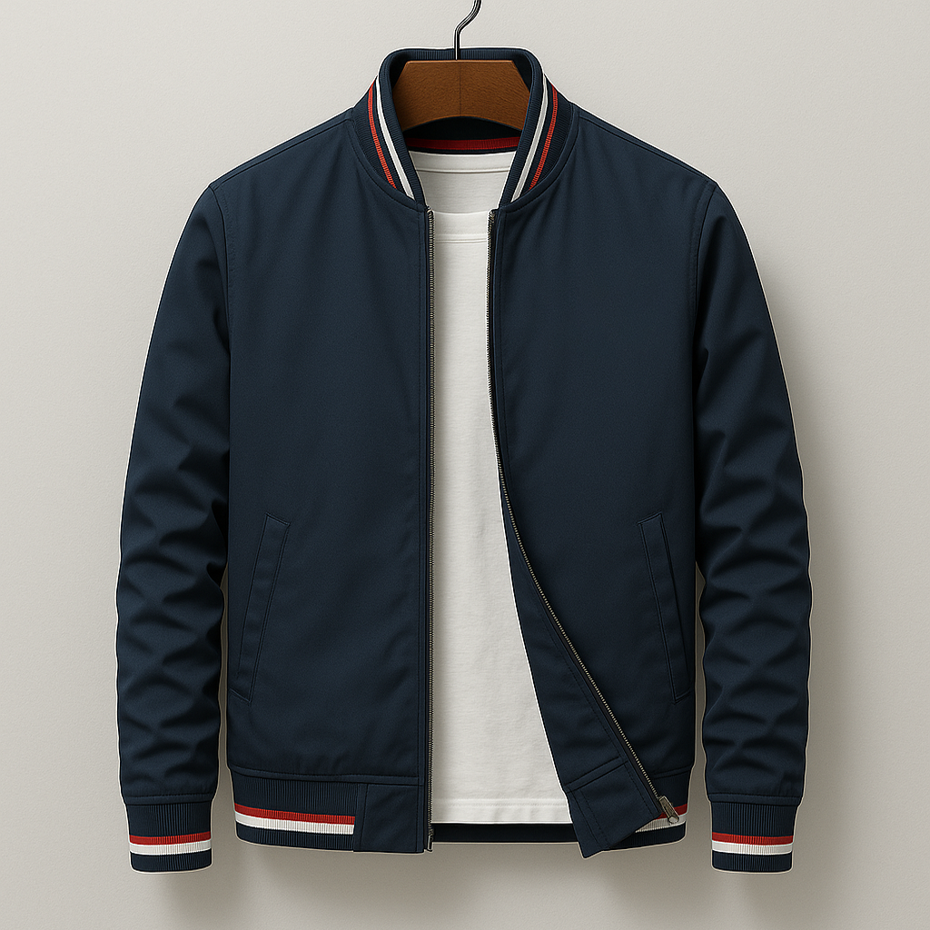 Holden navy bomber jacket, front view with striped collar