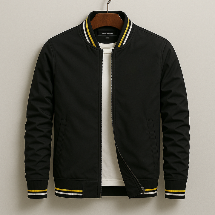 Holden black bomber jacket with striped collar, front view