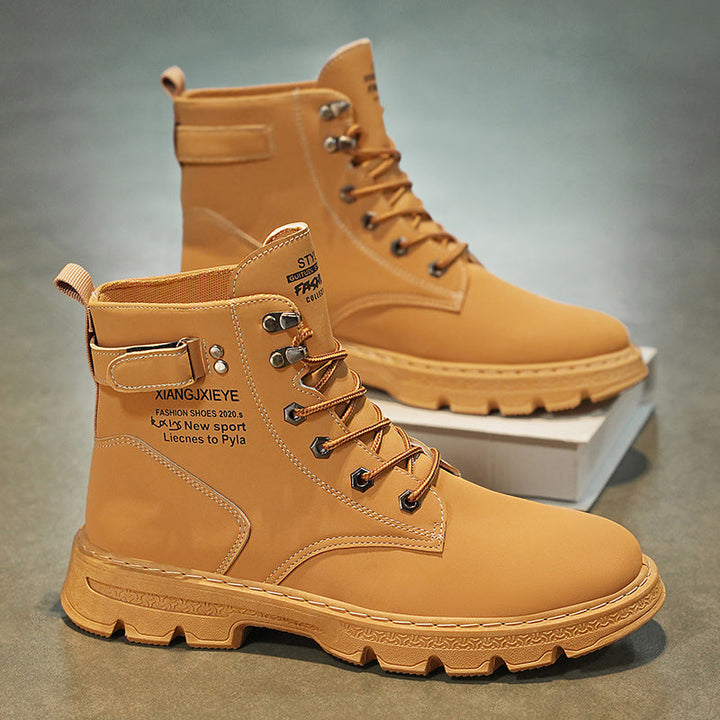 Hudson tan work boots displayed on a white box, side profile view
