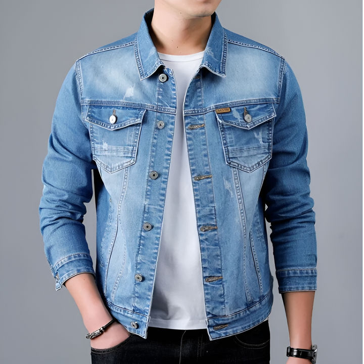 Front view of Jasper light wash denim jacket, buttoned closed