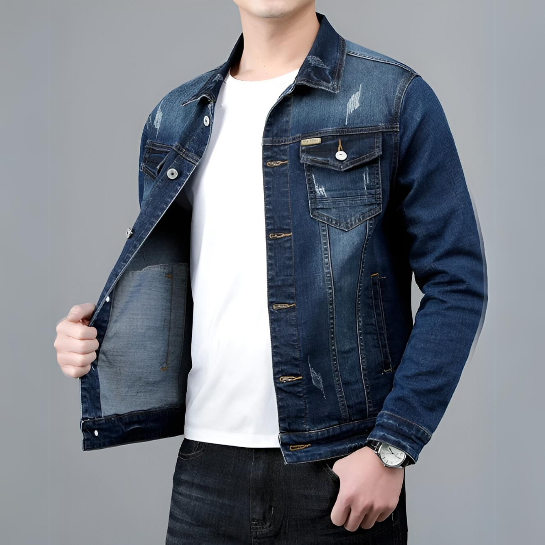 Jasper dark wash denim jacket worn open, side angle showing lining