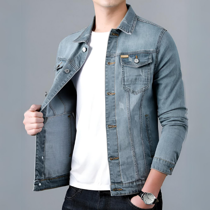 Jasper light grey wash denim jacket worn open, side angle showing lining