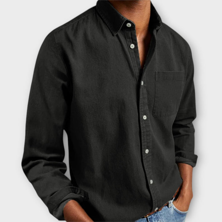 Julian button-down long sleeve shirt in black, front view