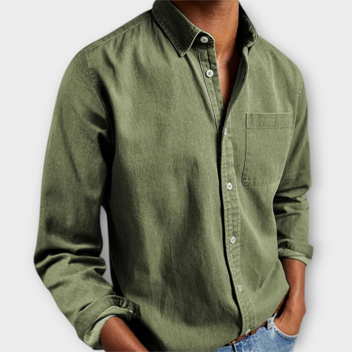 Julian button-down long sleeve shirt in olive green, front view