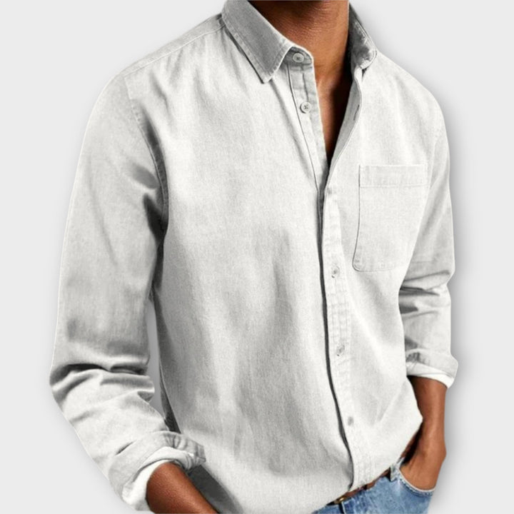 Julian button-down long sleeve shirt in light gray, front view
