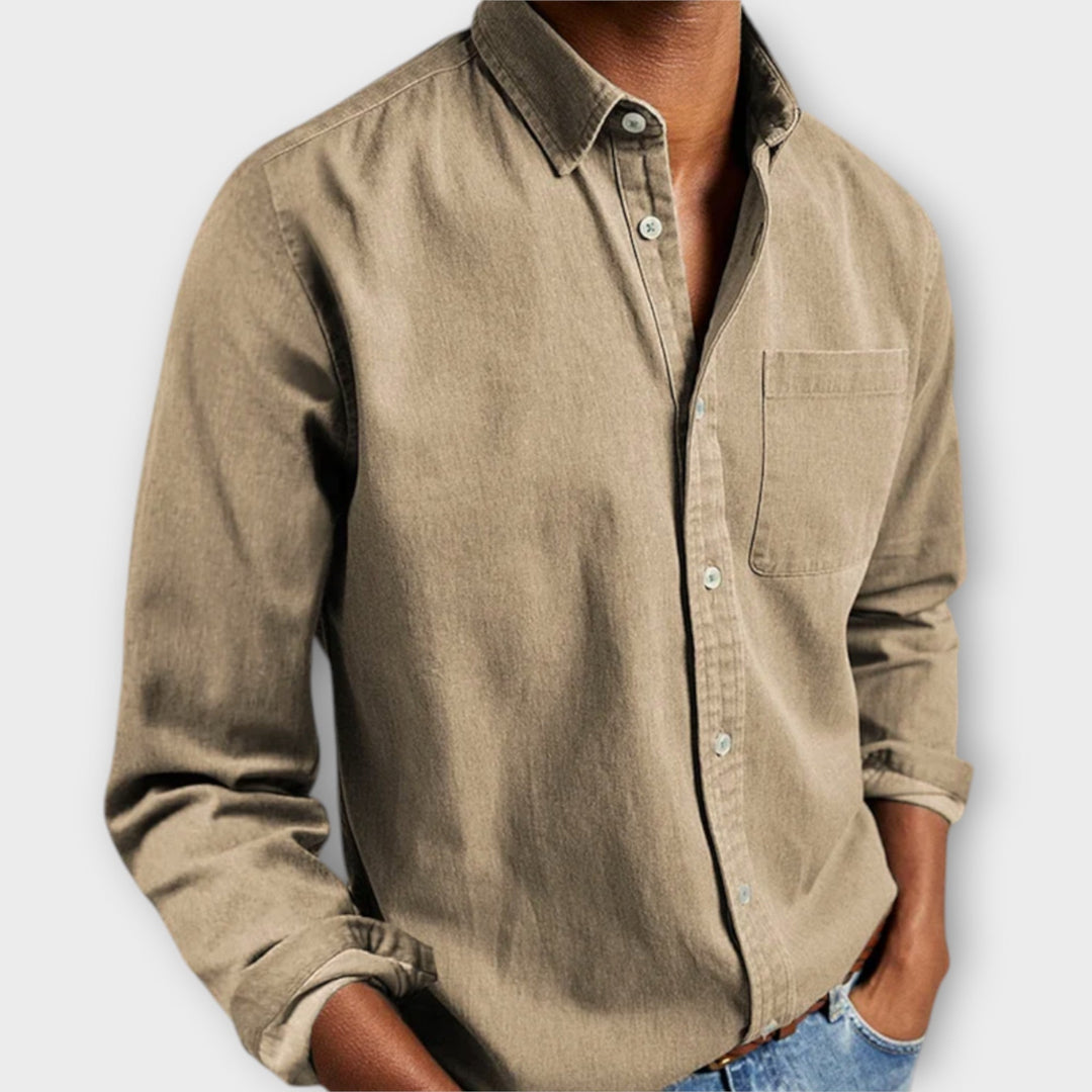Julian button-down long sleeve shirt in khaki, front view