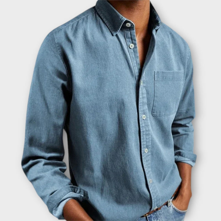 Julian button-down long sleeve shirt in steel blue, front view
