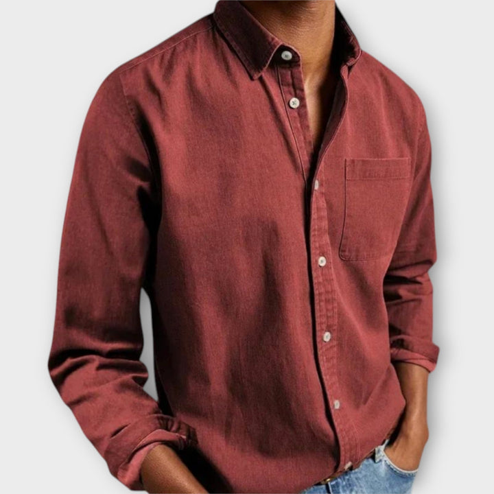Julian button-down long sleeve shirt in burgundy, front view
