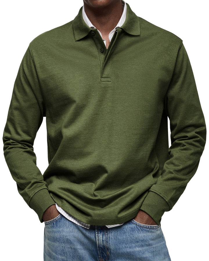 Julian long sleeve polo shirt in olive green, front view