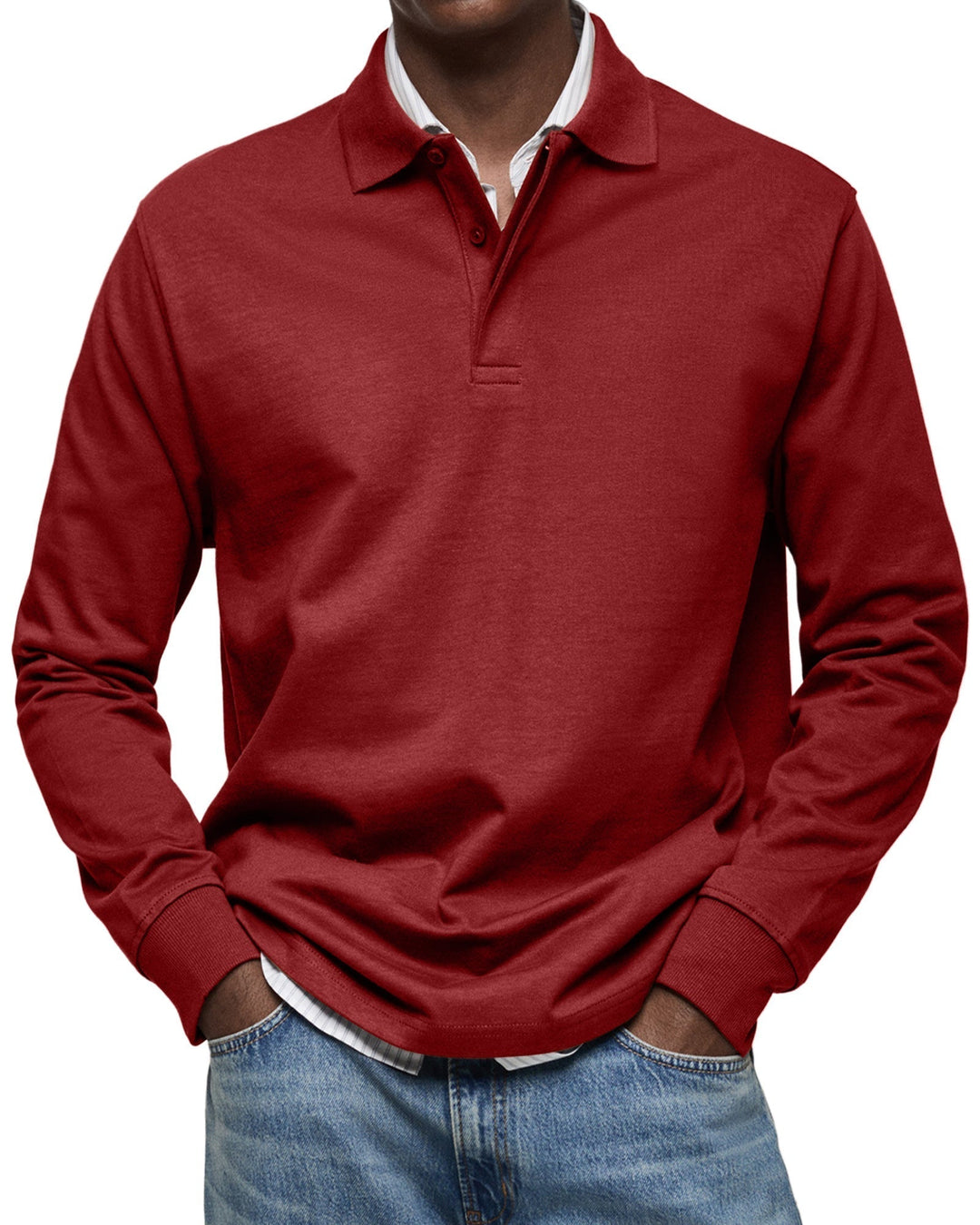 Julian long sleeve polo shirt in red, front view