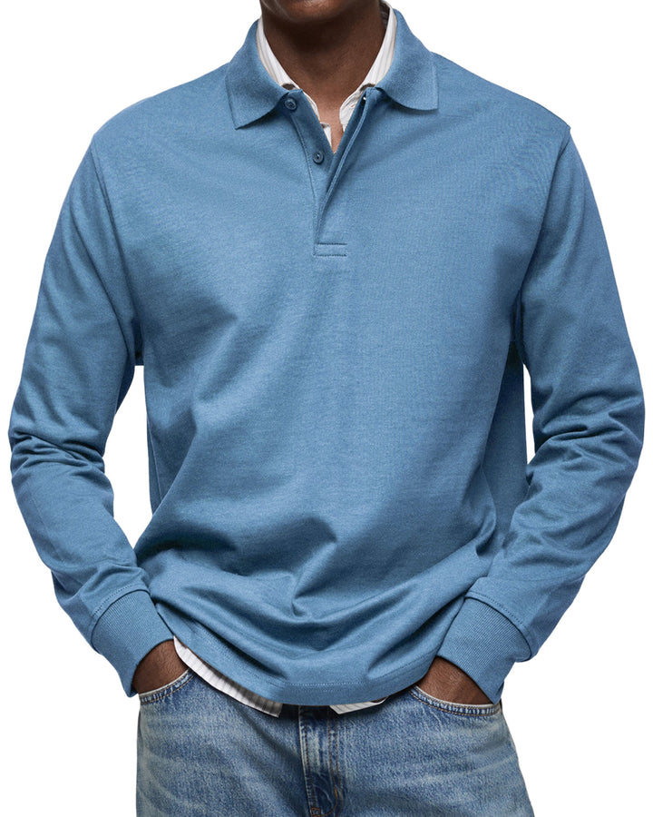 Julian long sleeve polo shirt in steel blue, front view
