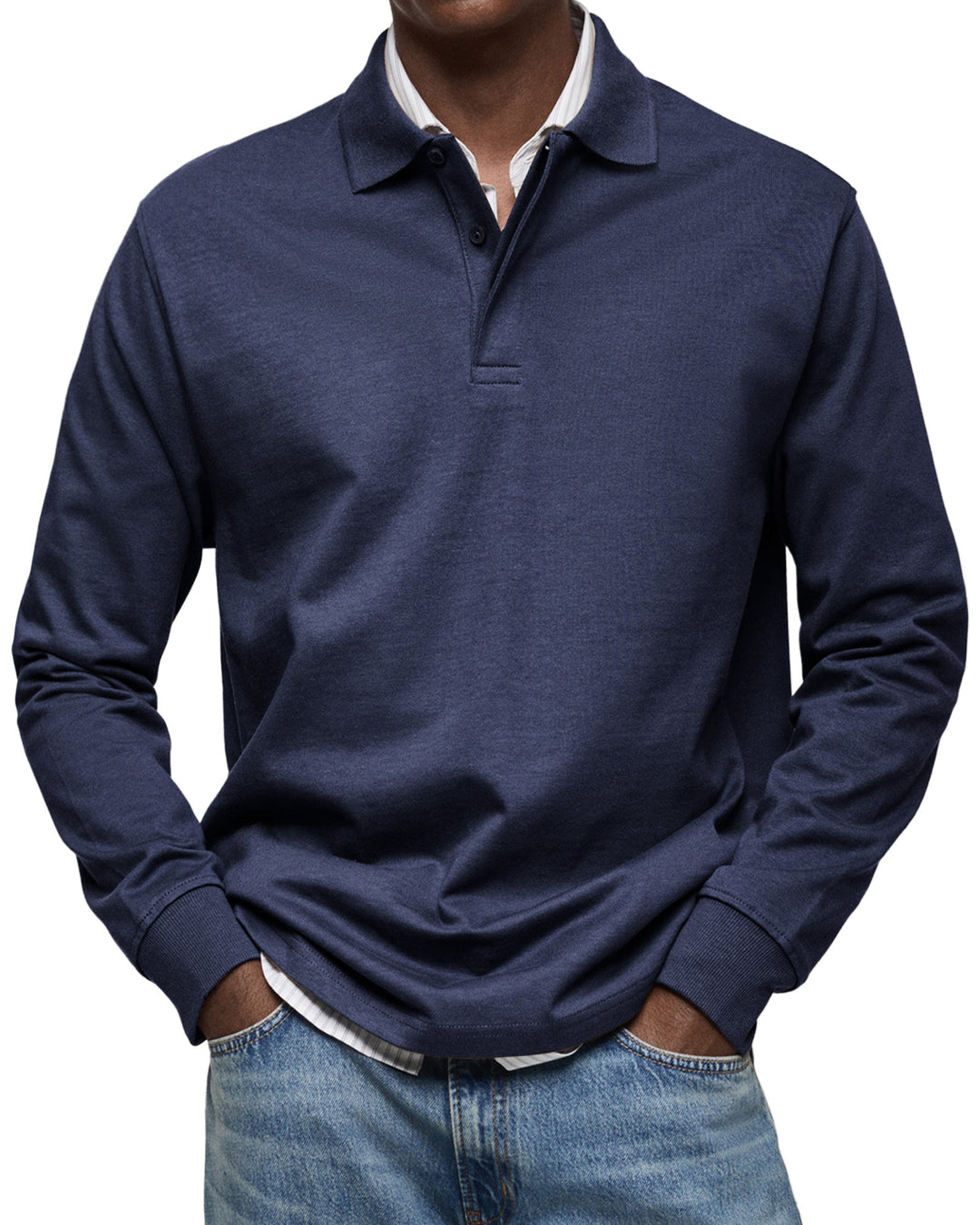 Julian long sleeve polo shirt in navy, full front view