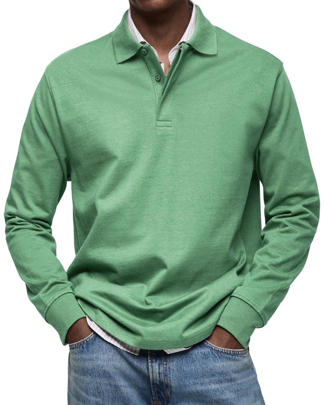 Julian long sleeve polo shirt in green, front view