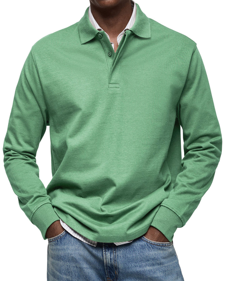 Julian long sleeve polo shirt in green, front view